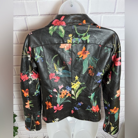 PATRIZIA LUCA Black Leather Jacket Bold Floral Print and Tailored Fit/size S - Picture 10 of 12